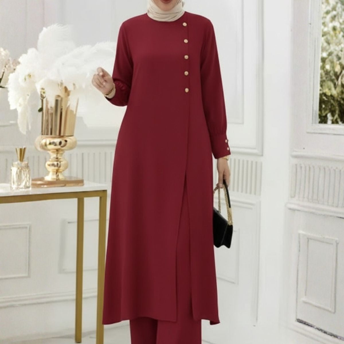 Ensemble Long Élégant Femme – Tunique Asymétrique & Pantalon Large