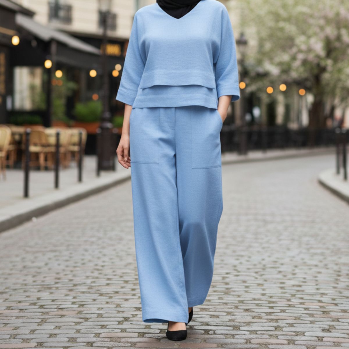 Ensemble Femme Élégance Moderne – Haut Fluide à Superposition & Pantalon Large