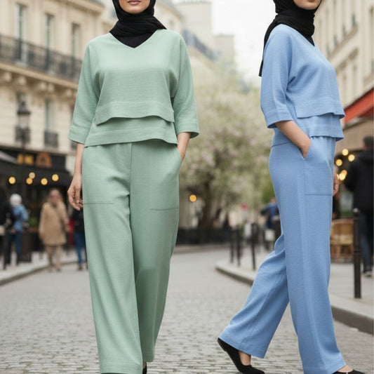 Ensemble Femme Élégance Moderne – Haut Fluide à Superposition & Pantalon Large