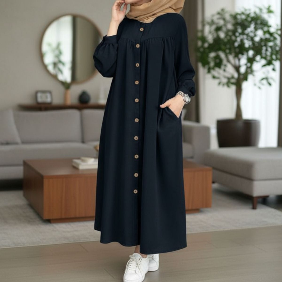 **Robe longue boutonnée pour femme – Élégance sobre et modernité**