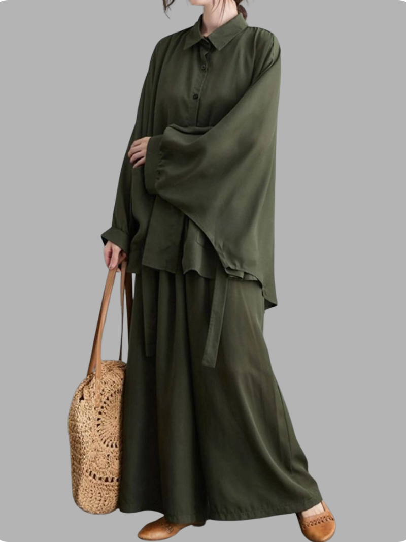 Olive wide-leg shirt and trousers set