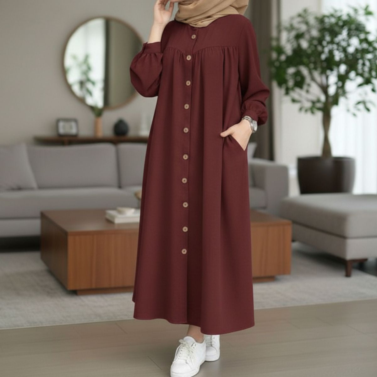 **Robe longue boutonnée pour femme – Élégance sobre et modernité**