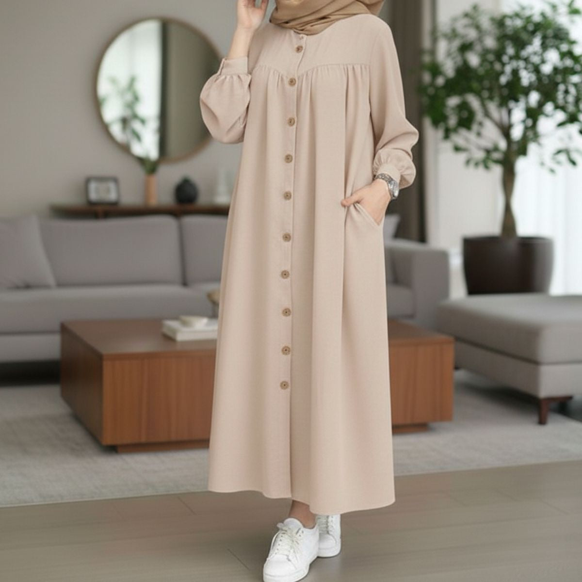 **Robe longue boutonnée pour femme – Élégance sobre et modernité**