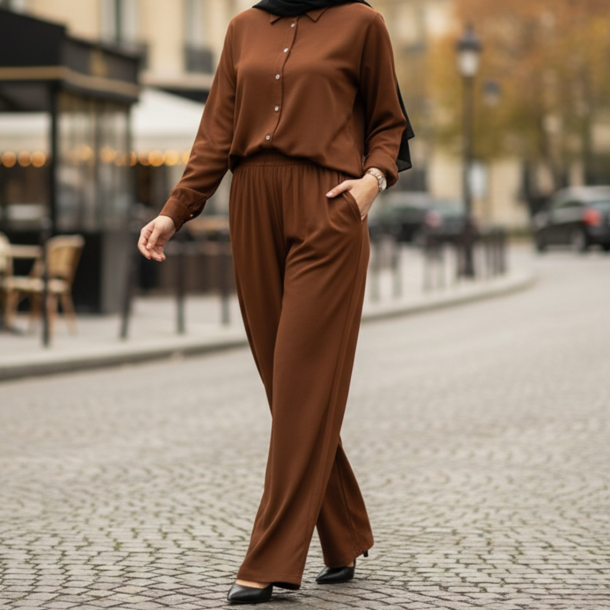 Ensemble Femme Chic & Fluide – Chemise Boutonnée et Pantalon Large Taille Élastique