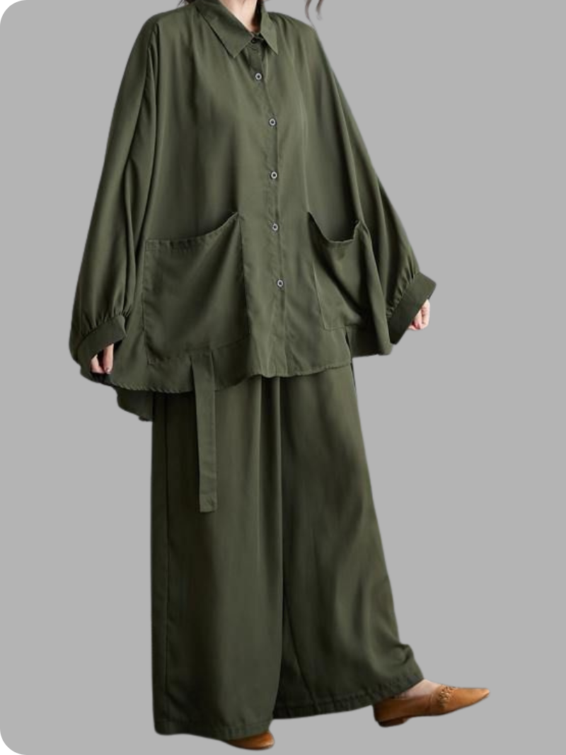Olive wide-leg shirt and trousers set