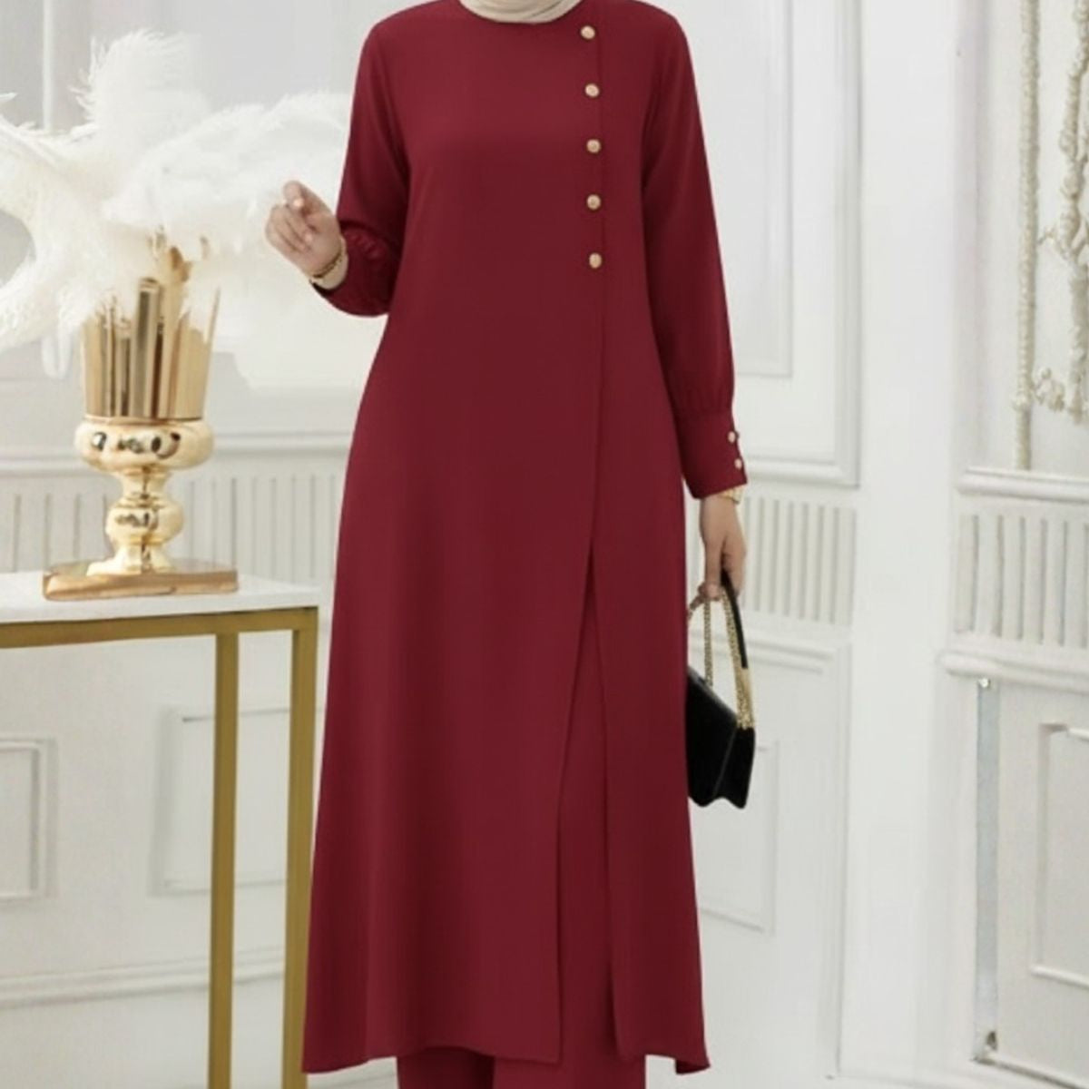 Ensemble Long Élégant Femme – Tunique Asymétrique & Pantalon Large