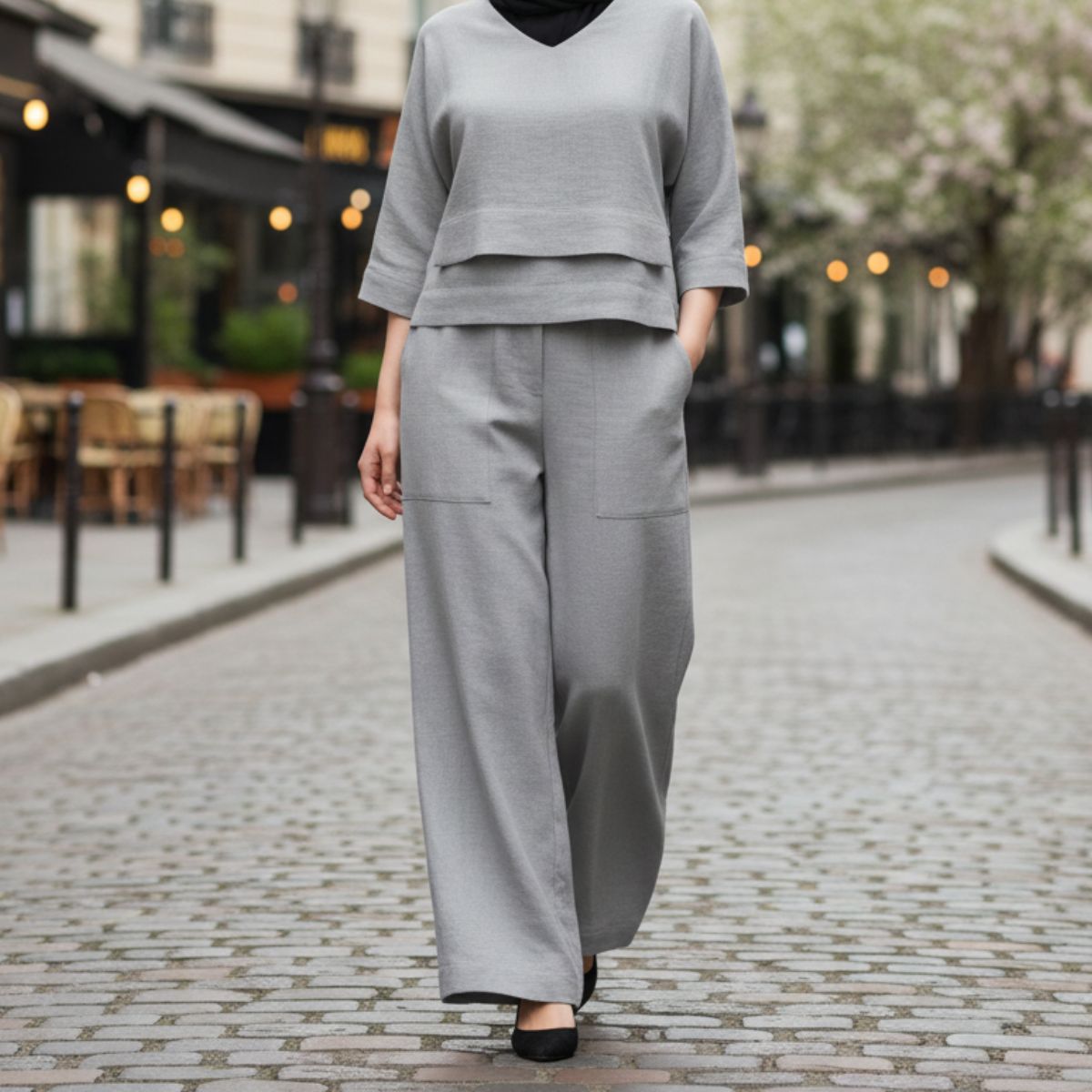 Ensemble Femme Élégance Moderne – Haut Fluide à Superposition & Pantalon Large