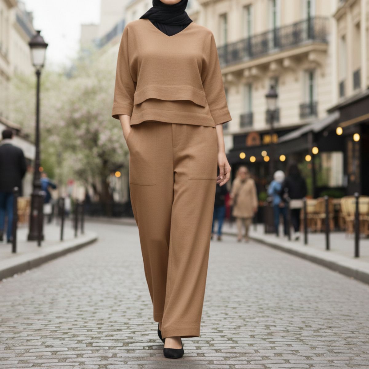 Ensemble Femme Élégance Moderne – Haut Fluide à Superposition & Pantalon Large