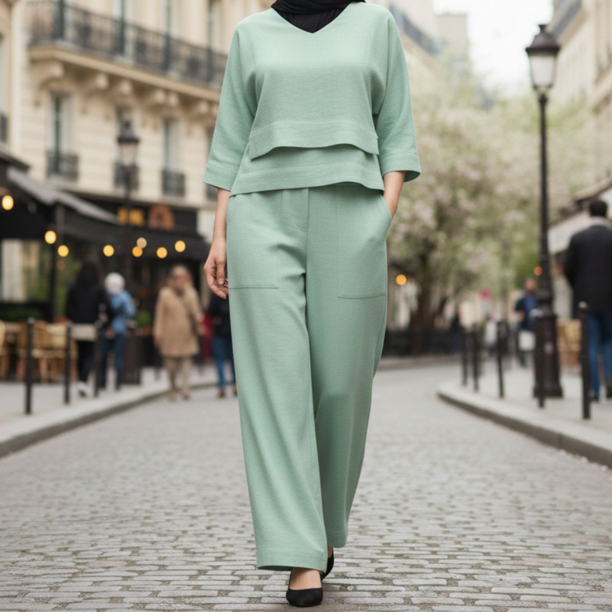 Ensemble Femme Élégance Moderne – Haut Fluide à Superposition & Pantalon Large